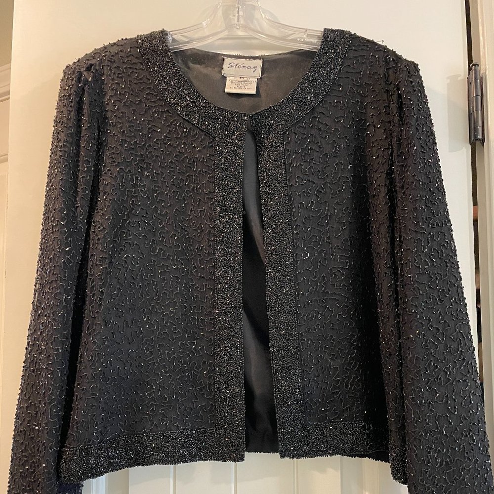 Stenay Vintage Hook N Eye Silk Sequins Jacket Size M Black
